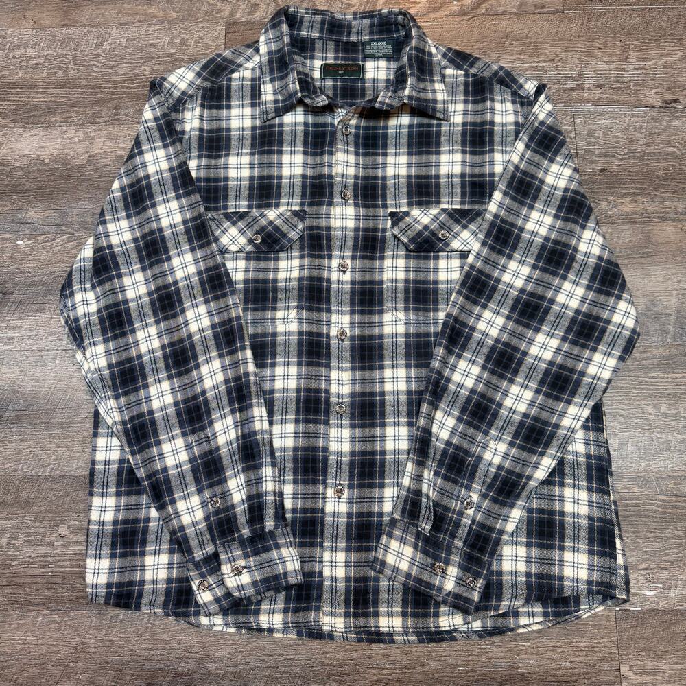 Field & Stream Mens XXL Plaid Flannel Shirt Blue White 100% Cotton Long Sleeve